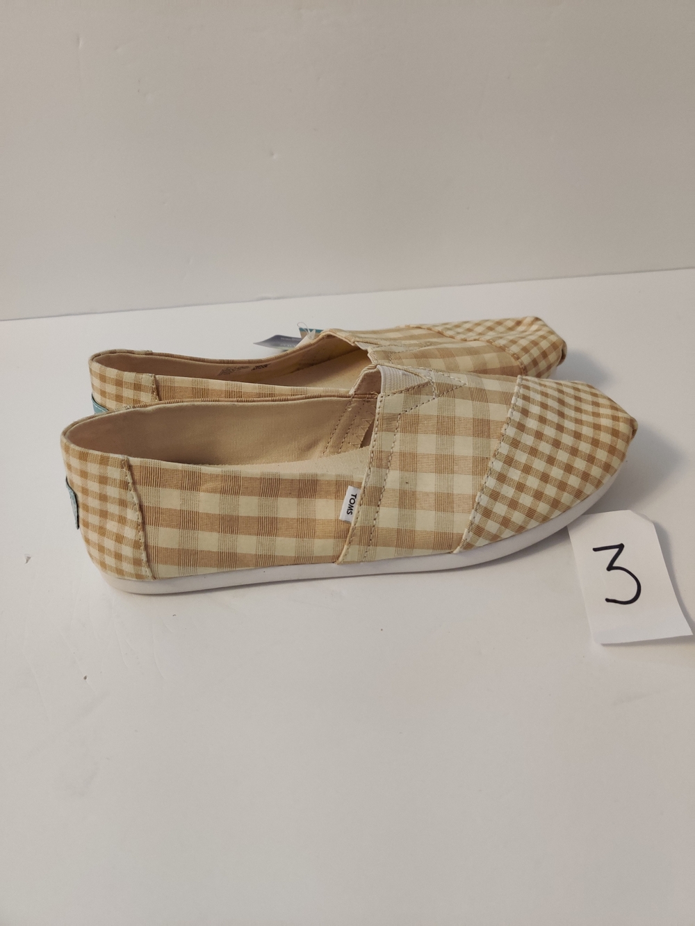 New TOMS Beige Gingham Canvas Slip-Ons W8